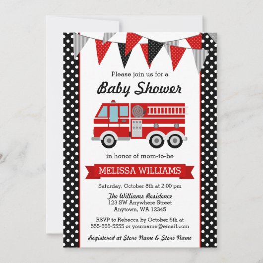 Feuerwehrwagen Polka Dot Babydusche Einladung (Vorderseite)