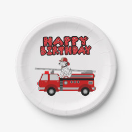 Feuerwehrwagen und Dalmatiner Hund glücklich Gebur Pappteller