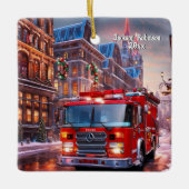 Feuerwehrwagen Weihnachten Keramikornament (Vorderseite)