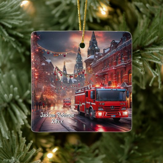 Feuerwehrwagen Weihnachten Keramikornament (Baum)