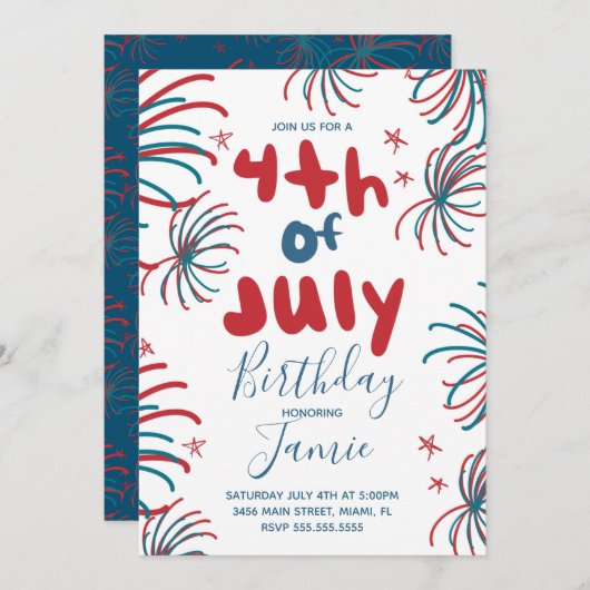 Feuerwerk 4. Juli Sterne GRILLEN Geburtstag Karte (Vorne/Hinten)