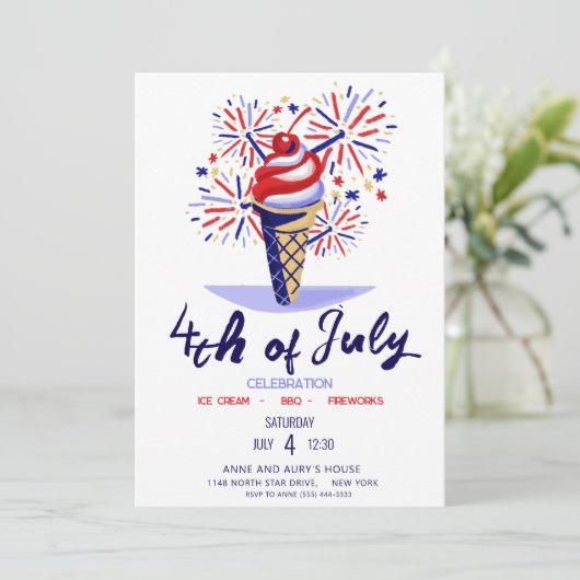 Feuerwerk Eiscreme Cone 4. GRILLEN Party Einladung (Stehend Vorderseite)