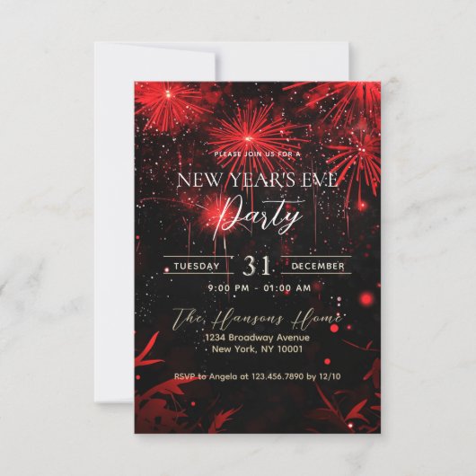 Feuerwerk Rot und Schwarzes Neujahrsfest-Party Einladung (Vorderseite)