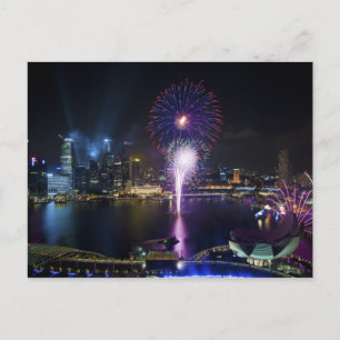 Feuerwerk Show in Boat Quay Singapur City Skyline Postkarte