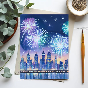 Feuerwerk Stadtbild   Blau Lofi Digitale Wasserfar Postkarte