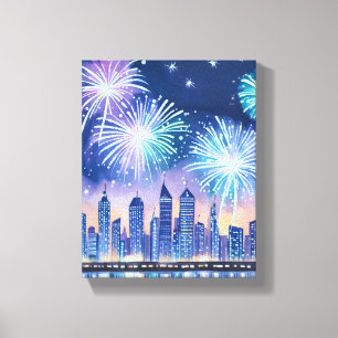 Feuerwerk Stadtlandschaft Blaue Lofi-Digital-Was Leinwanddruck