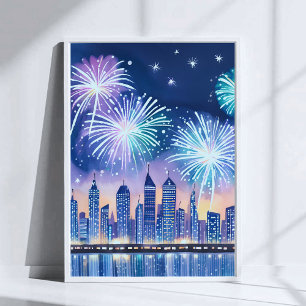 Feuerwerk Stadtlandschaft   Blaue Lofi Digital-Was Poster