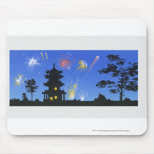 Feuerwerkanzeige und Silhouette der Pagode Mousepad (Vorne)