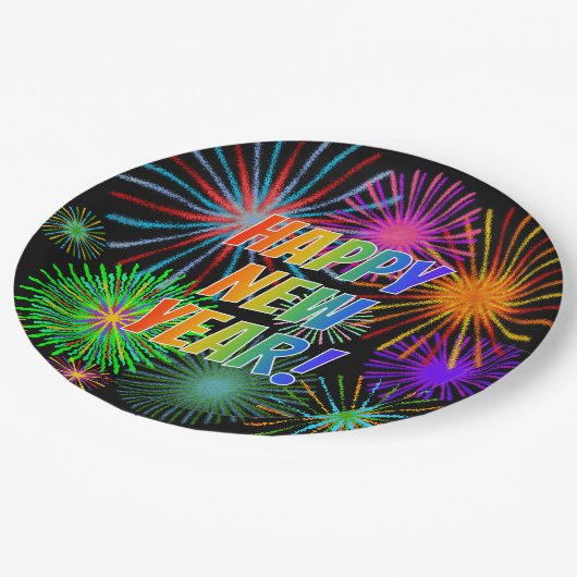 Feuerwerke + Regenbogen-Spektrum "GUTEN RUTSCH INS Pappteller (Schrägansicht)