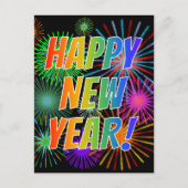 Feuerwerke + Regenbogenspektrum "GLÜCKLICH NEUES J Postkarte (Vorderseite)