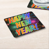 Feuerwerke + Regenbogenspektrum "GLÜCKLICH NEUES J Rechteckiger Pappuntersetzer (angewinkelt)