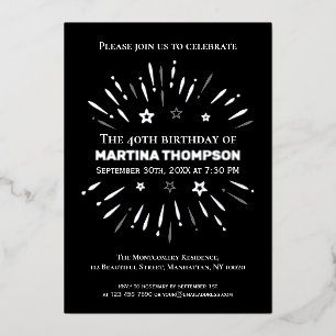 Feuerwerke Schwarz-weiß Grau 40. Geburtstag Party Folieneinladung