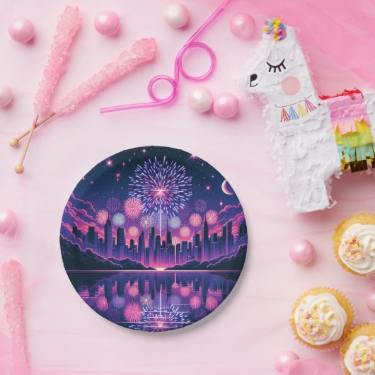 Feuerwerke über der Skyline der Stadt | AMERIKANIS Pappteller (Party)