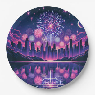 Feuerwerke über der Skyline der Stadt   AMERIKANIS Pappteller