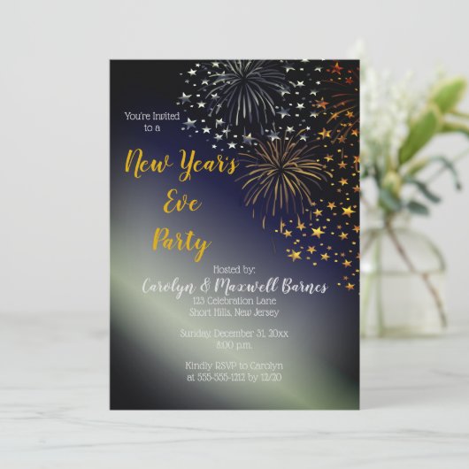 Feuerwerke und Sternennachts-Himmel Silvesterabend Einladung (Stehend Vorderseite)