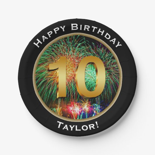 Feuerwerks-glücklicher zehnter 10. Geburtstag mit Pappteller (Vorderseite)