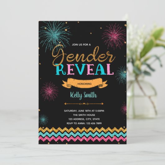 Feuerwerkskörper-Geschlecht offenbart Party Einlad Einladung (Stehend Vorderseite)