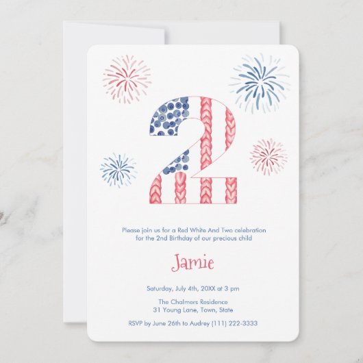 Feuerwerkskörper rot weiß und zwei Party zum zweit Einladung (Vorderseite)