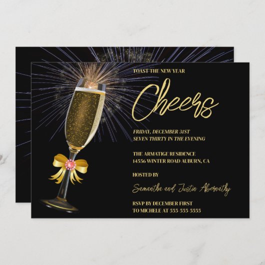 Feuerwerkskörper und bubbly New Years Einladung (Vorne/Hinten)