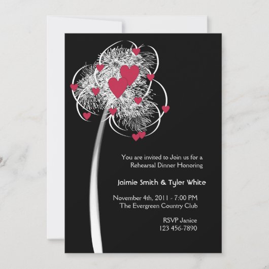 Feuerwerkskörper und Herz Tree Reheasal Abendessen Einladung (Vorderseite)