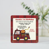 Feuerzug Erster Geburtstag Kariert Einladung (Stehend Vorderseite)