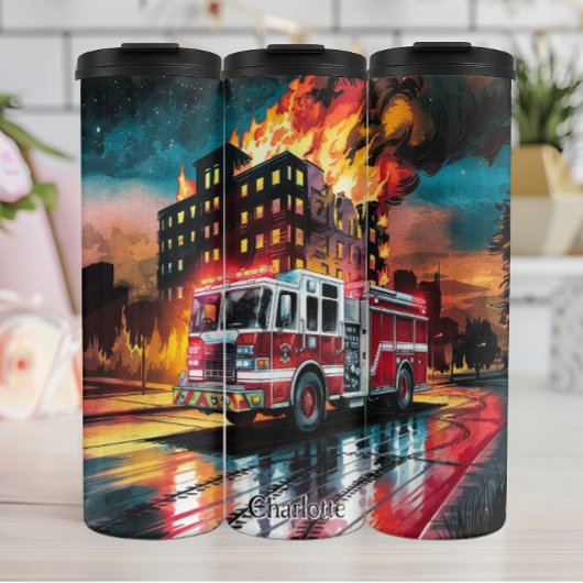 Feuerzug im brennenden Gebäude Thermosbecher