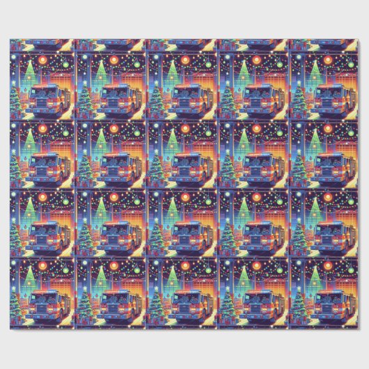 Feuerzug in Feuerwehr Weihnachtsbaum und Geschenk Geschenkpapier (Flach)