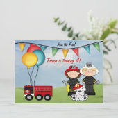 Feuerzug und kleiner Feuerwehrmann Geburtstag Einladung (Stehend Vorderseite)