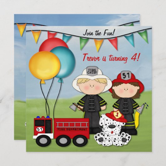 Feuerzug und kleiner Feuerwehrmann Geburtstag Einladung (Vorne/Hinten)