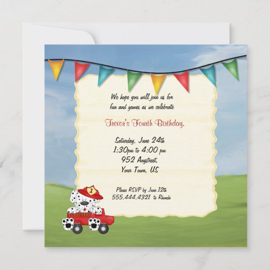 Feuerzug und kleiner Feuerwehrmann Geburtstag Einladung (Rückseite)