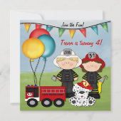 Feuerzug und kleiner Feuerwehrmann Geburtstag Einladung (Vorderseite)