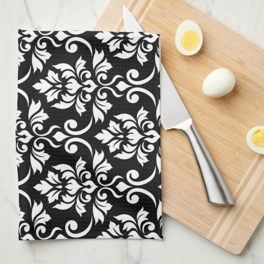 Feuille Damask Big Pattern White on Black Geschirrtuch (Viertel Falte)