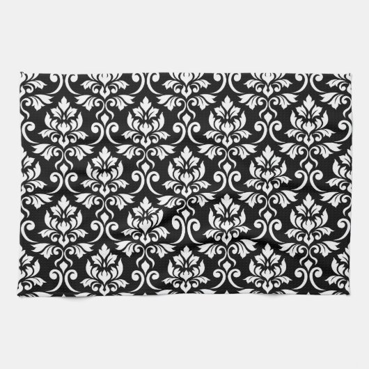 Feuille Damask Big Pattern White on Black Geschirrtuch (Horizontal)