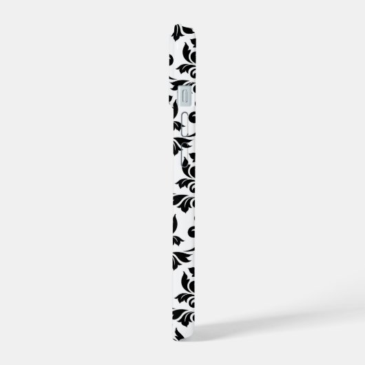 Feuille Damask Lg Muster Black auf Weiß iPhone 15 Hülle (Linke Seite)