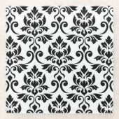 Feuille Damask Muster Black auf Weiß Glasuntersetzer (Vorderseite)
