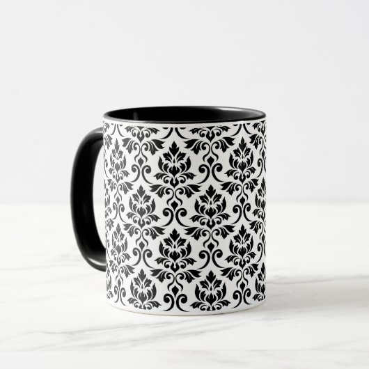 Feuille Damask Muster Black auf Weiß Tasse (Vorderseite Links)