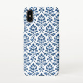 Feuille Damask Muster Dark Blue auf Weiß iPhone Hülle (Rückseite)