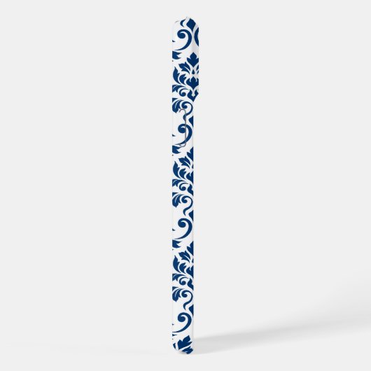 Feuille Damask Muster Dark Blue auf Weiß iPhone Hülle (Rechte Seite)