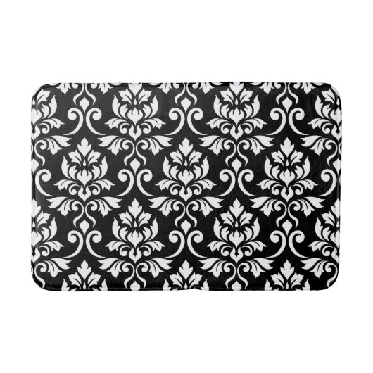 Feuille Damask Muster Weiß auf Schwarz Badematte (Vorderseite)