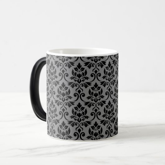 Feuille Damask Pattern Black auf Grau Verwandlungstasse (Vorderseite Links)