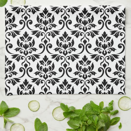 Feuille Damask (v) Muster Schwarz auf Weiß Küchentuch (Gefaltet)