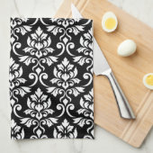 Feuille Damask (v) Muster Weiß auf Schwarz Geschirrtuch (Viertel Falte)