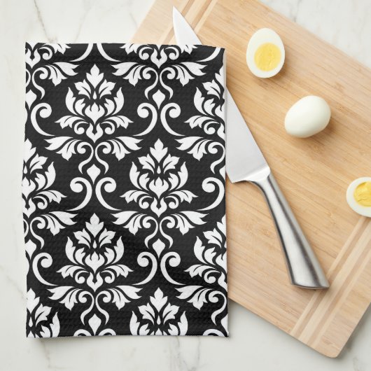 Feuille Damask (v) Muster Weiß auf Schwarz Geschirrtuch (Viertel Falte)