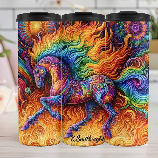 Feurig-buntes Pferd psychedelische Fantasie Thermosbecher