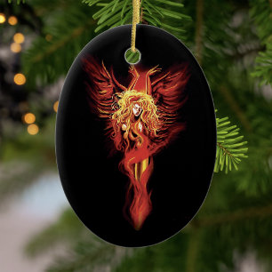 Feurige rote Fantasy-Phönix-Frau Schwarz Keramik Ornament