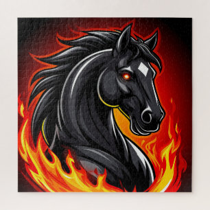 Feurige Schwarzpferd-Illustration mit leuchtenden  Puzzle
