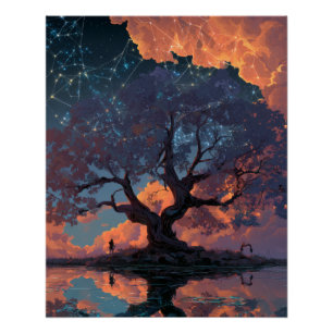 Feurige Sonnenuntergangsbaum-Reflexions-Fantasie-K Poster
