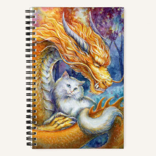 Feuriger Drache und weiße Katze Fantasy-Aquarellku Notizblock