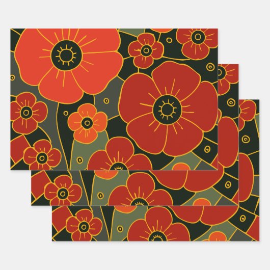 Feuriger Garten – Stilisierte Mohnblüte Geschenkpapier Set (Set)