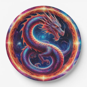 Feuriger kosmischer Drache, umgeben von einem himm Pappteller